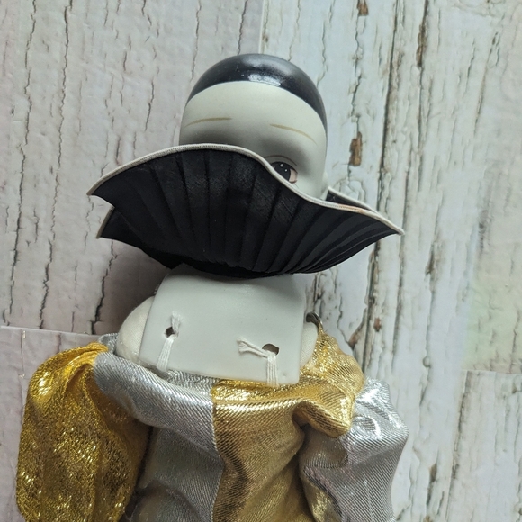Porcelain Pierrot Clown Doll with Silver and Gold Outfit - Picture 4 of 13
